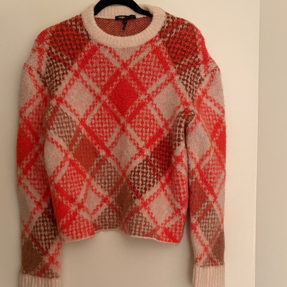 Maje Vibrant Red and Tan Checkered Crewneck Sweater - Picture 4 of 5